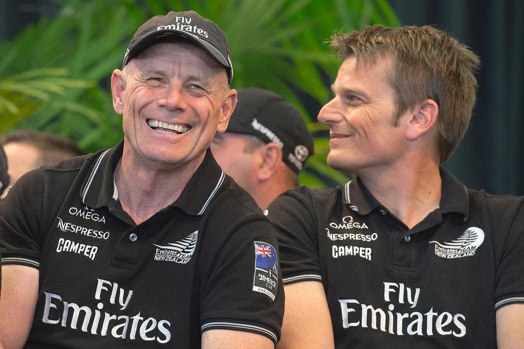 Emirates Team New Zealand welcome home event in Auckland. Grant Dalton and Dean Barker on the stage in shed 10. 4/10/2013 © Chris Cameron/ETNZ http://www.chriscameron.co.nz