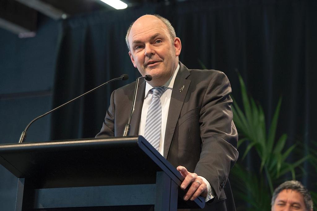 Emirates Team New Zealand welcome home event in Auckland on October 2013. Minister of Economic development Steven Joyce announces the government’s support for the team to continue on to AC35 - that was pulled six months later when the Qualifiers were lost to Auckland .  © Chris Cameron/ETNZ http://www.chriscameron.co.nz