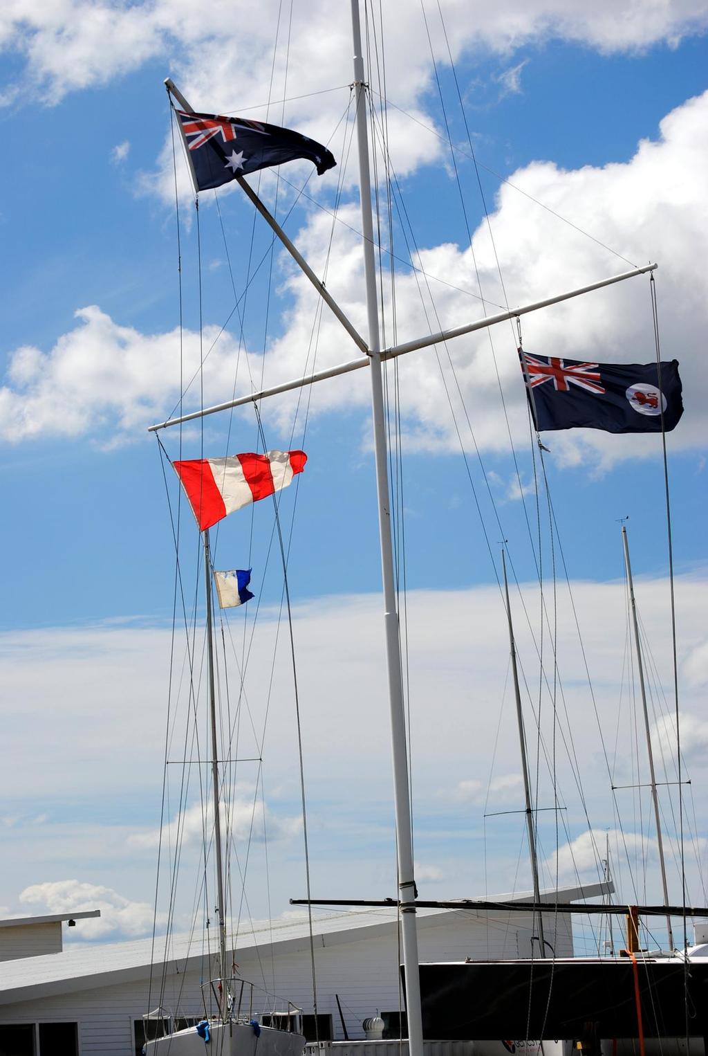 &rsquo;AP&rsquo; pennant over code flag &rsquo;A`` at the Royal Yacht Club of Tasmania indicating that today&rsquo;s racing has been postponed to another day. photo copyright Peter Campbell taken at  and featuring the  class