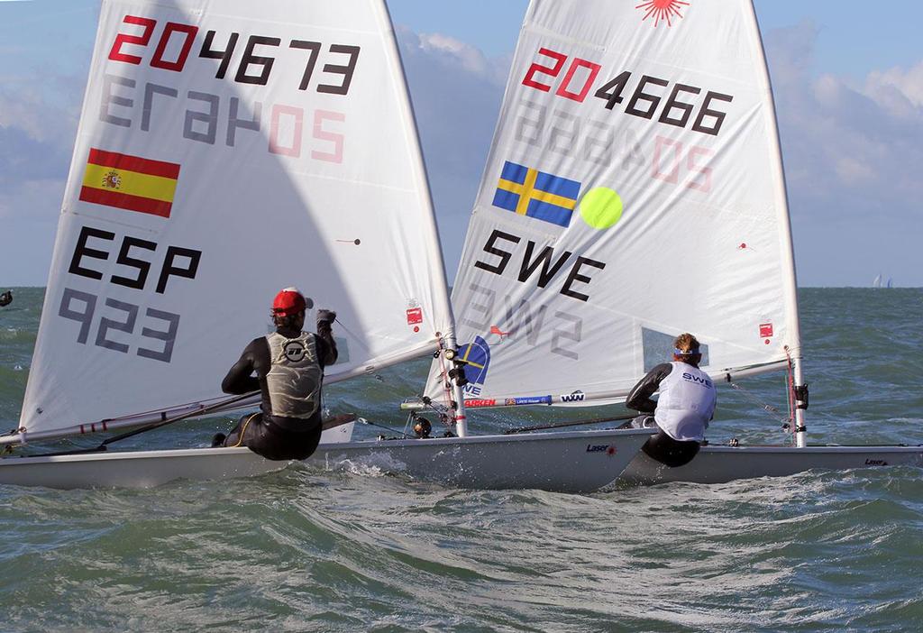 Jesper Stalheim leads Jesus Roger Sanchez at the top mark - La Semaine Olympique Française de Voile 2013 photo copyright Sail-World.com http://www.sail-world.com taken at  and featuring the  class