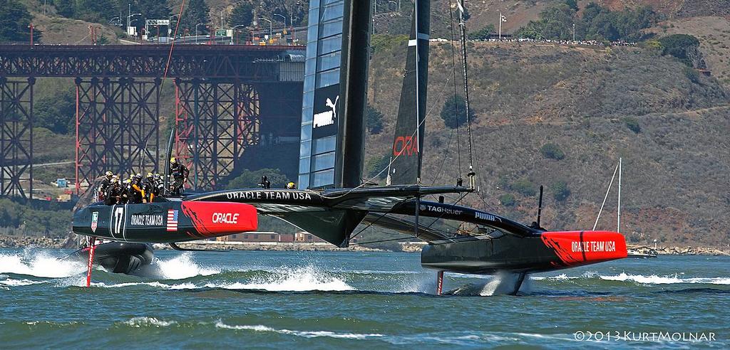 Oracle Team USA foiling on Day 13, America&rsquo;s Cup 2013 photo copyright Kurt Molnar taken at  and featuring the  class