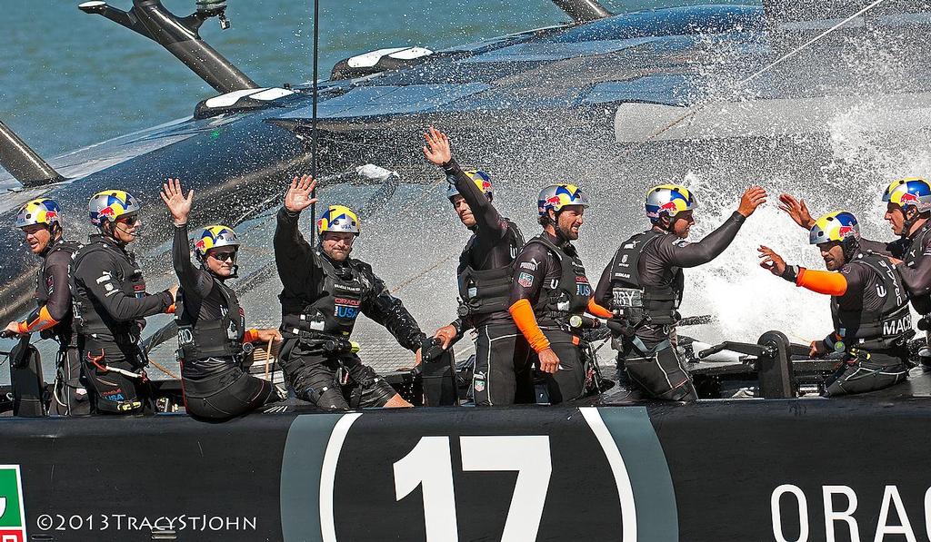 Oracle Team USA celebrates on Day 13, America&rsquo;s Cup 2013 photo copyright Tracy St John http://www.stjohnphoto.tv/ taken at  and featuring the  class