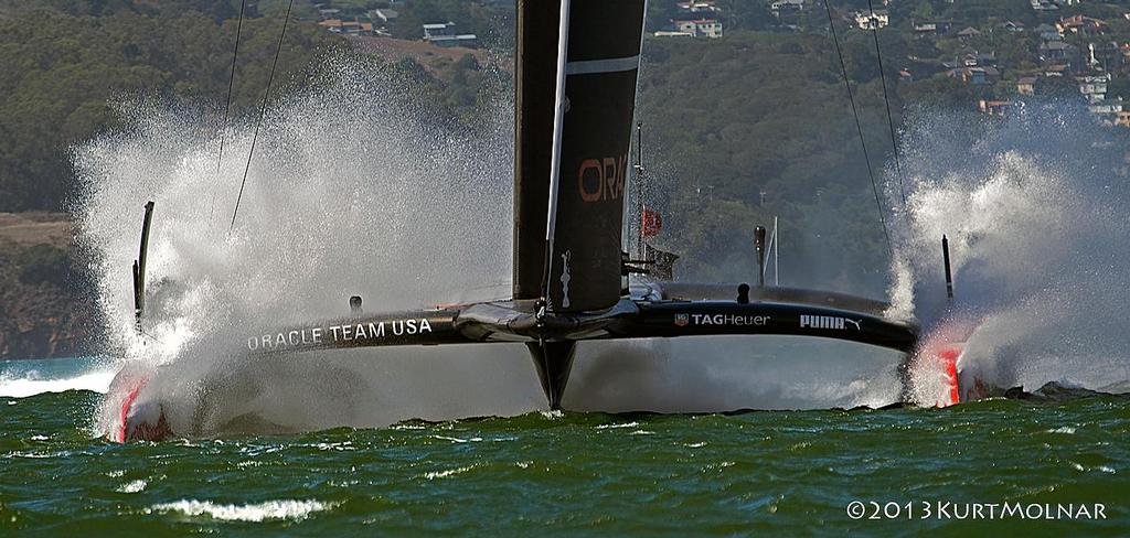 Oracle Team USA spear in on the start of race 18. America’s Cup - Day 14 photo copyright Kurt Molnar taken at  and featuring the  class