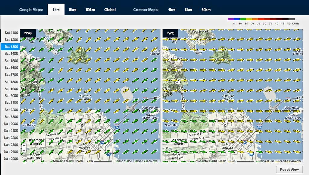 Wind map for September 21, 2013 San Francisco at 1315hrs - Start of Race 14. The left panel shows the wind blowing across the course photo copyright PredictWind.com www.predictwind.com taken at  and featuring the  class