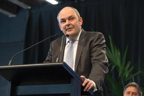 Emirates Team New Zealand welcome home event in Auckland. Minister of Economic development Steven Joyce announces the governments support for the team to continue on to AC35. 4/10/2013 © Chris Cameron/ETNZ http://www.chriscameron.co.nz