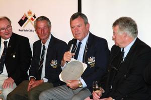 David Wallace (maintenance), Russel Evans (crew), Gary Simmons (navigator) and John Savage (skipper) discuss the navigation system with his cardboard cut out - Challenge 12, America's Cup 1983 - Commemorative Dinner photo copyright Teri Dodds http://www.teridodds.com taken at  and featuring the  class