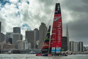 Emirates Team New Zealand fly back to the base after racing was canceled as the wind direction made it impossible to set a fair course. Day eleven of America's Cup 34. 21/9/2013 photo copyright Chris Cameron/ETNZ http://www.chriscameron.co.nz taken at  and featuring the  class