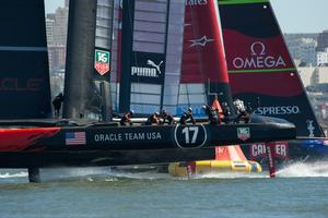 Oracle Team USA rounds the top mark ahead of Emirates Team New Zealand in Race 14 on Day 12 of America&rsquo;s Cup 34. photo copyright Chris Cameron/ETNZ http://www.chriscameron.co.nz taken at  and featuring the  class