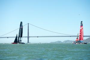 Oracle Team USA and Emirates Team New Zealand come together on the start line. There was contact and ETNZ sustained a penalty. Race 17, America's Cup 34. 24/9/2013 photo copyright Chris Cameron/ETNZ http://www.chriscameron.co.nz taken at  and featuring the  class