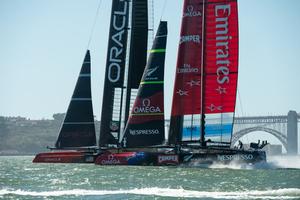 Oracle Team USA and Emirates Team New Zealand start race 18, America's Cup 34. 24/9/2013 photo copyright Chris Cameron/ETNZ http://www.chriscameron.co.nz taken at  and featuring the  class