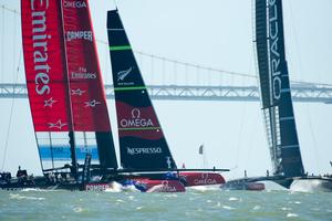 Emirates Team New Zealand tack onto  Oracle Team USA' s path on the beat in race 18.  America's Cup 34. 24/9/2013 photo copyright Chris Cameron/ETNZ http://www.chriscameron.co.nz taken at  and featuring the  class