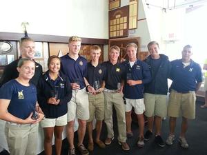 The winning USNA crew - L-R Alexa Ciarolla, skipper Andy Beeler, Kya McAlister, Roscoe Thomas, Charlie Morris, Nick Woods, Jackson Niketas, Neil McMillan, coach Jahn Tihansky - 2013 Shields Trophy Regatta photo copyright Jahn S. Tihansky taken at  and featuring the  class