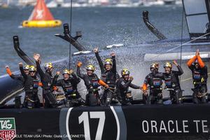 Oracle Team USA celebrates photo copyright Guilain Grenier Oracle Team USA http://www.oracleteamusamedia.com/ taken at  and featuring the  class