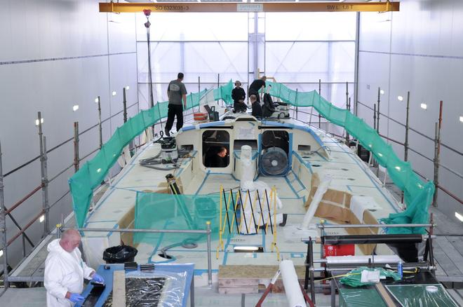 Once the bulkheads are fixed, the hull and the deck are assembled. This picture shows the two components finally attached.  - Volvo Ocean Race 2014-15 © Pedro Freitas /Volvo Ocean Race
