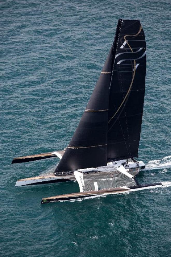 The maxi trimaran Spindrift 2 crew in action at the Rolex Fastnet. © Chris Schmid/Spindrift Racing