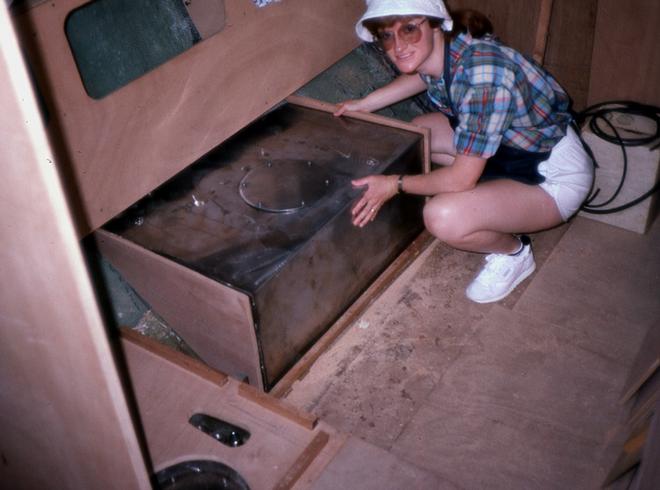 Sheryl Shard installing water tank when building their first boat, a Classic 37, which she and Paul sailed for 18 years. - 24 Years of Cruising - Lessons Learned © Sheryl Shard