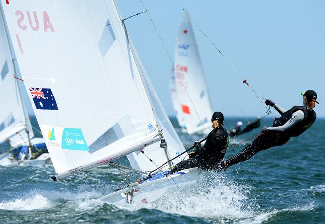 470 Womens/ Carrie SMITH & Sarah COOK  (AUS) - 2013 ISAF Sailing World Cup - Melbourne © Jeff Crow/ Sport the Library http://www.sportlibrary.com.au