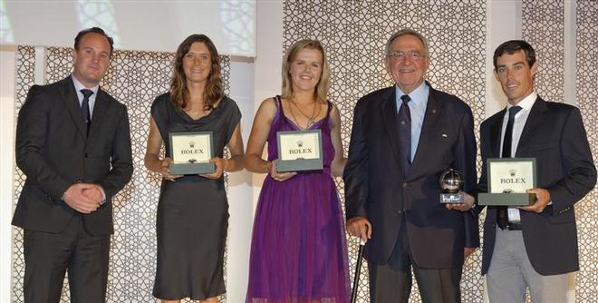 From left: Lionel Schurch, Rolex SA; Jo Aleh & Polly Powrie, female winners; HM King Constantine and Mat Belcher, male winner - 2013 Rolex ISAF World Sailor of the Year, Oman ©  Rolex/ Kurt Arrigo http://www.regattanews.com