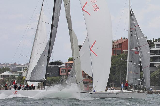 The TP52 Beau Geste comes roaring across their finish line, which was nearby to that of the Beneteaus. - 2013 Beneteau Cup ©  John Curnow