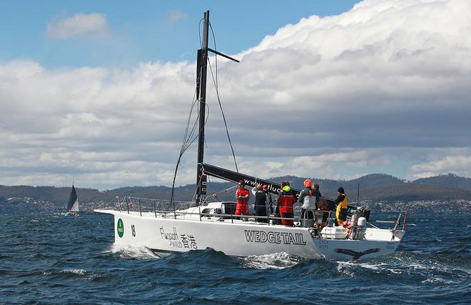 Dismasted Wedgetail motors up the Derwent - Finish line, 2013 Rolex Sydney Hobart - Day 4 © Crosbie Lorimer http://www.crosbielorimer.com