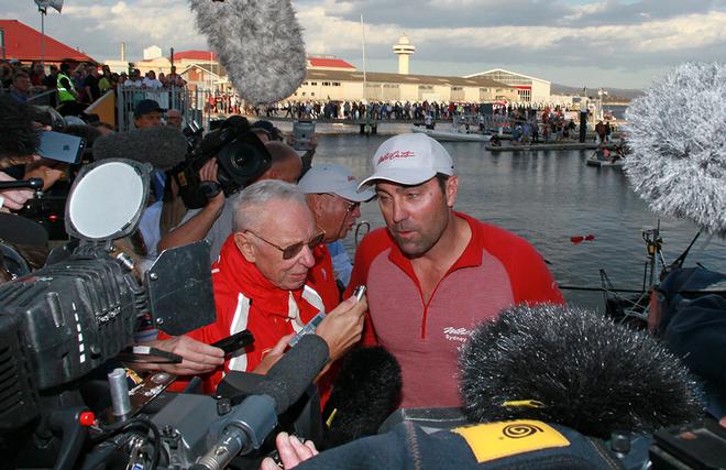 Bob Oatley and Wild Oats skipper Mark Richards talk to the media - Finish line, 2013 Rolex Sydney Hobart  © Crosbie Lorimer http://www.crosbielorimer.com