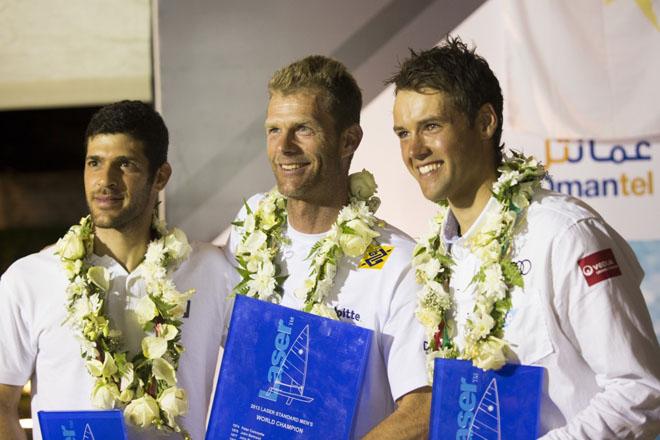 The Laser World Championships 2013 - Standard. Mussanah Oman Robert Scheidt (BRA) 1st. Pavlos Kontides (CYP) 2nd and Philipp Buhl (GER) 3rd © Lloyd Images