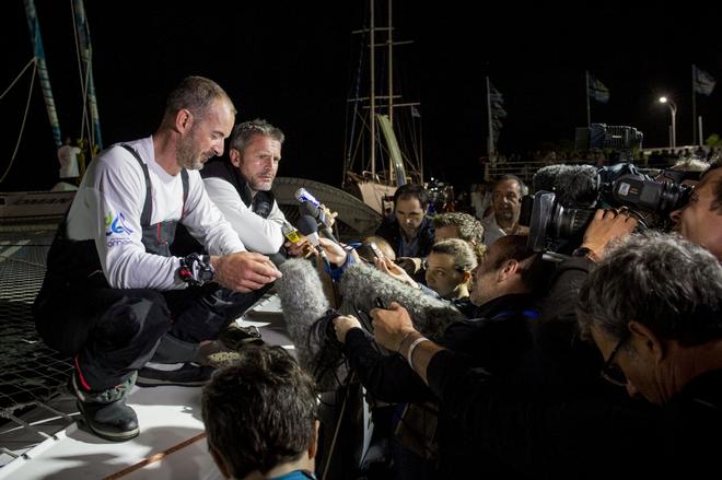 skipper Sidney Gavignet (FRA) with co skipper Damian Foxall (IRL) talking to press in the 2013 Transat Jacques Vabre © Vincent Curutchet / DPPI