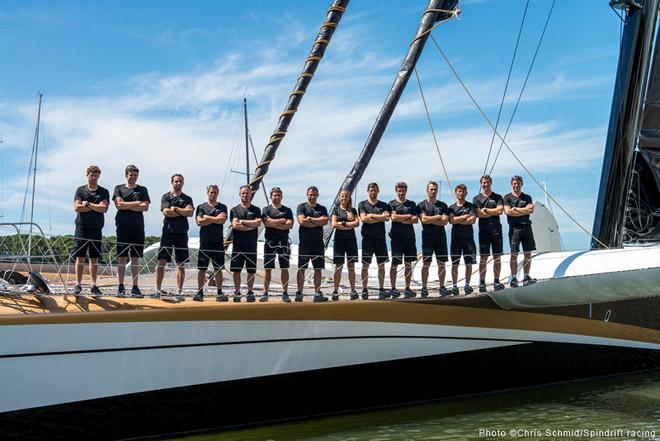 The crew onboard Spindrift 2 before her record setting trans-Atlantic, Route of Discovery run © Chris Schmid/Spindrift Racing