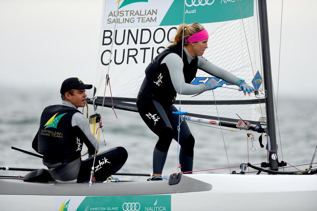 Darren Bundock and Nina Curtis (AUS) competing in the first day of racing in the Nacra17 event at the ISAF world Sailing Cup Melbourne photo copyright Jeff Crow/Sail Melbourne http://www.sportlibrary.com.au taken at  and featuring the  class