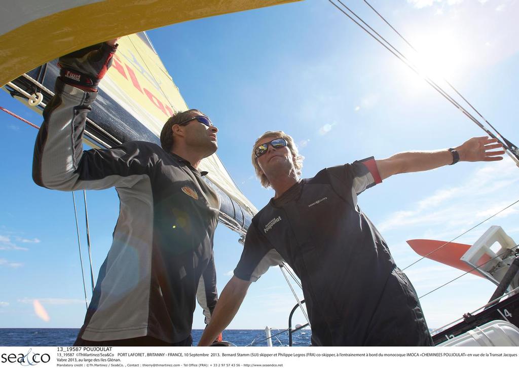 13_19587  Â©ThMartinez/Sea&Co    PORT LAFORET , BRITANNY - FRANCE, 10 Septembre  2013. 
Bernard Stamm (SUI) skipper et Philippe Legros (FRA) co-skipper, Ã  l'entrainement Ã  bord du monocoque IMOCA ``CHEMINEES POUJOULAT`` en vue de la Transat Jacques Vabre 2013, au large des Iles GlÃ©nan. photo copyright ThMartinez / Sea & Co - Copyright http://www.thmartinez.com taken at  and featuring the  class