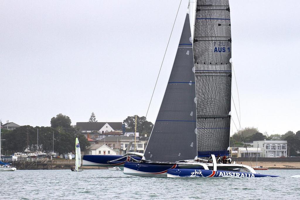 Team Australia (Sean Langman) vs TeamVodafoneSailing (Simon Hull) on the Waitemata Harbour, Wednesday October 23, 2013. Team Australia will line up for the 2013 Coastal Classic photo copyright Richard Gladwell www.photosport.co.nz taken at  and featuring the  class