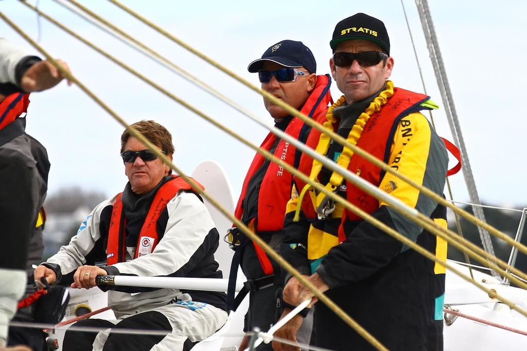 Sean Langman (white) and Mike Sanderson (right) before the Start of Coastal Classic 2013, Waitemata Harbour, October 25, 2013 photo copyright Richard Gladwell www.photosport.co.nz taken at  and featuring the  class