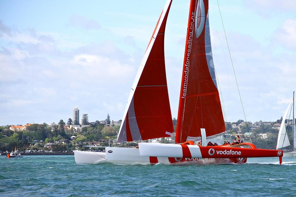 TeamVodafoneSailing crosses the start line - Start of Coastal Classic 2013, Waitemata Harbour, October 25, 2013 photo copyright Richard Gladwell www.photosport.co.nz taken at  and featuring the  class