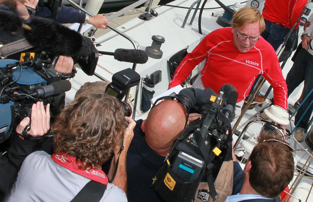 Victoire skipper Daryl Hodgkinson talking to the media photo copyright Crosbie Lorimer http://www.crosbielorimer.com taken at  and featuring the  class