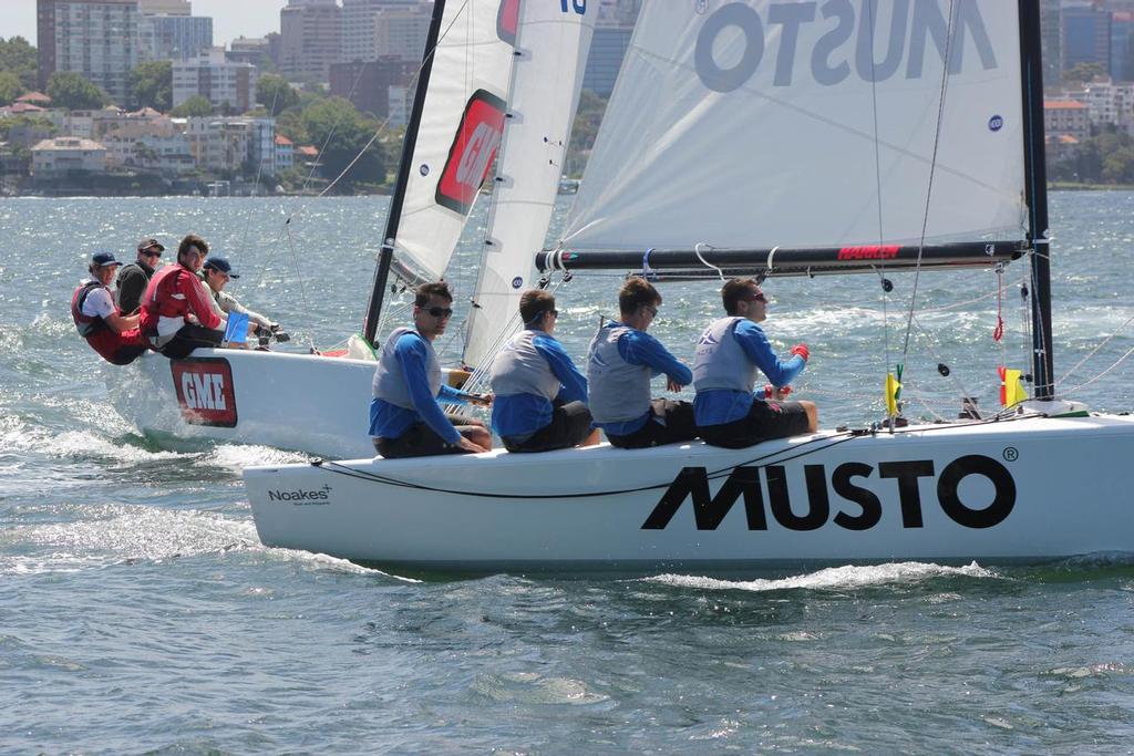 Rawiri Geddes RNZYS in control in his match against Dylan Gore RYCT - Musto International Youth Match Racing Championship 2013 photo copyright CYCA Staff . taken at  and featuring the  class