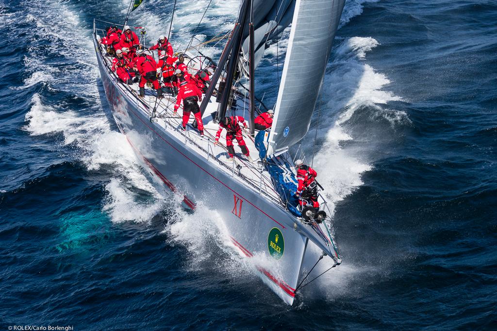 Wild Oats XI tackles the Derwent River on her way to a seventh Line Honours here off Tasman Island ©  Rolex / Carlo Borlenghi http://www.carloborlenghi.net
