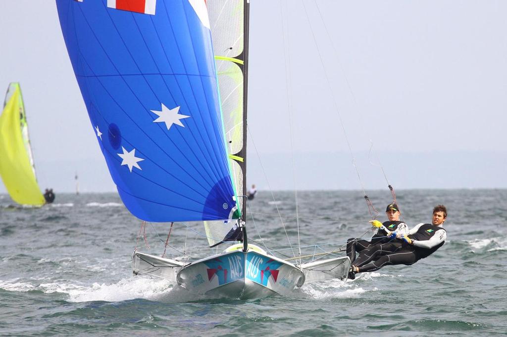 Nathan Outteridge and Iain Jensen win the first race of the 49er class ISAF World Sailling Cup Melbourne, day 2 photo copyright Richard Gladwell www.photosport.co.nz taken at  and featuring the  class