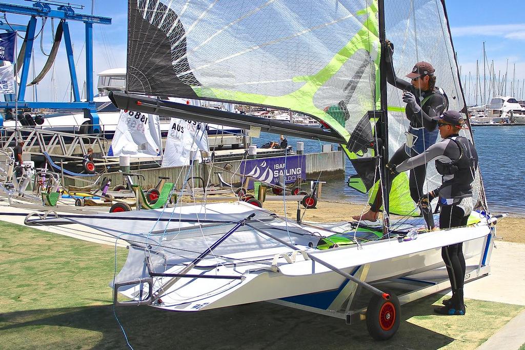 New Zealand competitors rig in the 49er - Sail Melbourne , 2013 - ISAF World Sailing Cup, Round 1- Day 0 photo copyright Richard Gladwell www.photosport.co.nz taken at  and featuring the  class