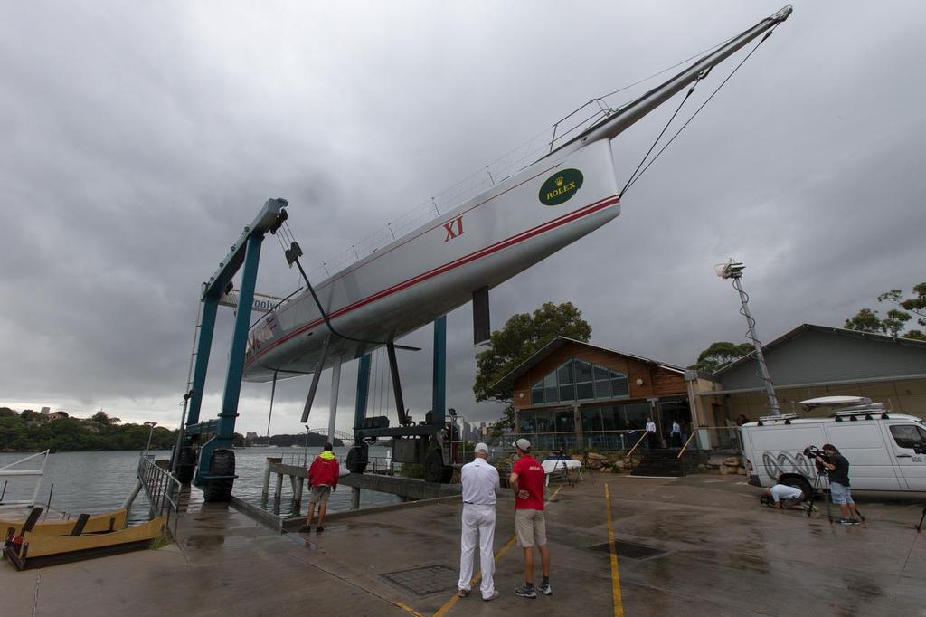 Letting it all hang out: Wild Oats XI is taken from the water at Woolwich Dock with all foils fully extended - Rolex Sydney to Hobart 2013 photo copyright Andrea Francolini taken at  and featuring the  class