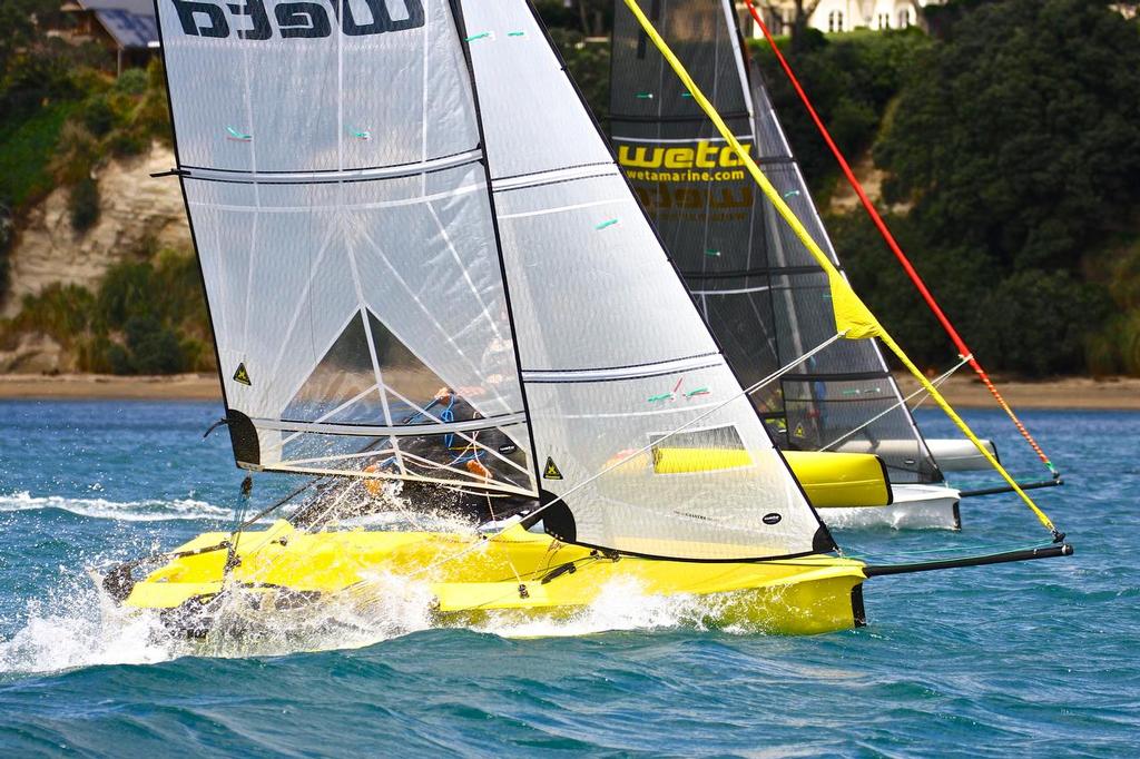 Wetas in singlehanded match racing off Takapuna beach, Auckland, NZ photo copyright Richard Gladwell www.photosport.co.nz taken at  and featuring the  class