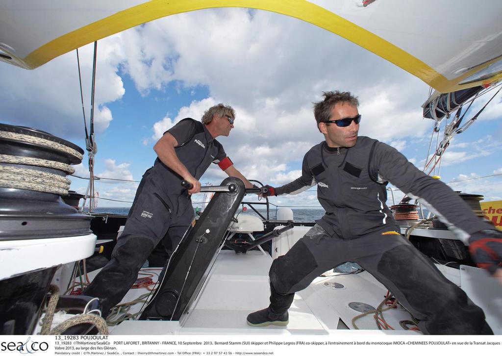 PORT LAFORET , BRITANNY - FRANCE, 10 Septembre  2013. 
Bernard Stamm (SUI) skipper et Philippe Legros (FRA) co-skipper, Ã  l'entrainement Ã  bord du monocoque IMOCA ``CHEMINEES POUJOULAT`` en vue de la Transat Jacques Vabre 2013, au large des Iles GlÃ©nan. photo copyright Th.Martinez/Sea&Co taken at  and featuring the  class