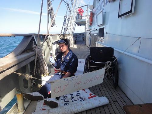 4. Mark, watchleader, catches up on some maintenance. - Disabled Tall Ship sailing - Lord Nelson - Image: Philippa Williams © SW