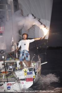 Benoit Marie on the finish line of the Mini Transat 2013 photo copyright  Jacques Vapillon / Mini Transat http://www.minitransat.fr taken at  and featuring the  class