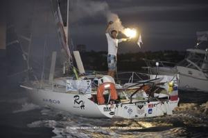 Benoit Marie on the finish line of the Mini Transat 2013 photo copyright  Jacques Vapillon / Mini Transat http://www.minitransat.fr taken at  and featuring the  class