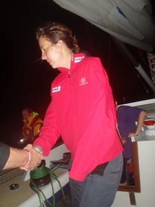 Michelle coming up on deck to be transferred to the transfer boat before proceeding into the harbor. 2013-14 Clipper Round the World Yacht Race photo copyright Jonathan Levy http://www.clipperroundtheworld.com taken at  and featuring the  class