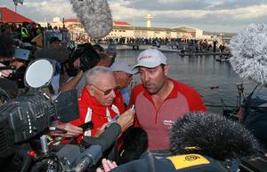 Bob Oatley and Mark Richards talk to the media - Finish line, 2013 Rolex Sydney Hobart - Day 4 photo copyright Crosbie Lorimer http://www.crosbielorimer.com taken at  and featuring the  class