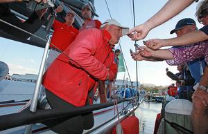 Iain Murray talks to the media while Mark Richards and Sandy Oatley look on - Finish line, 2013 Rolex Sydney Hobart - Day 4 photo copyright Crosbie Lorimer http://www.crosbielorimer.com taken at  and featuring the  class