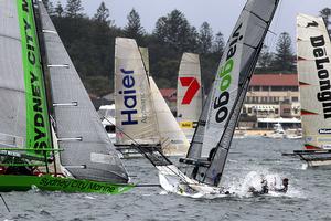 First contact - Australian 18 Footers League, Sunday 17 November, 2013 photo copyright Frank Quealey /Australian 18 Footers League http://www.18footers.com.au taken at  and featuring the  class