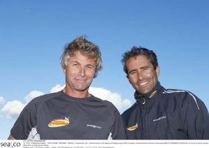 PORT LAFORET , BRITANNY - FRANCE, 10 Septembre  2013. Bernard Stamm (SUI) skipper et Philippe Legros (FRA) co-skipper, Ã  l'entrainement Ã  bord du monocoque IMOCA ``Cheminees Poujoulat`` en vue de la Transat Jacques Vabre 2013, au large des Iles GlÃ©nan. photo copyright Th.Martinez/Sea&Co taken at  and featuring the  class