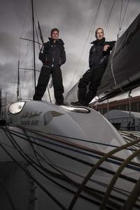 The Transat Jaques Vabre 2013. Le Havre - Itajai, Brazil The Oman Air Musandam MOD70 skipper Sidney Gavignet (FRA) with co skipper Damian Foxall (IRL). Shown here in the race village prior to the race start. photo copyright Lloyd Images taken at  and featuring the  class